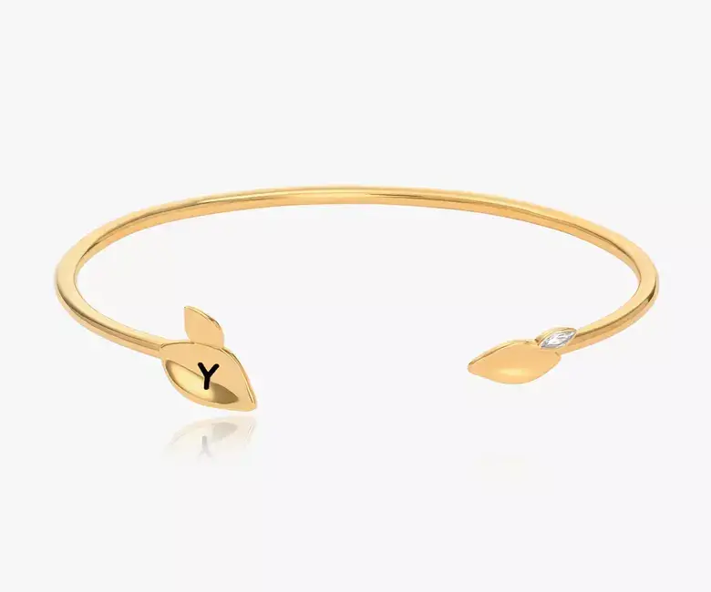 INITIAL LEAVES CUFF WITH CUBIC ZIRCONIA- GOLD VERMEIL