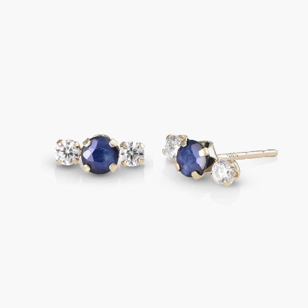 Blue Sapphire Stud Earrings with Cubic Zirconia- 14K Solid Gold