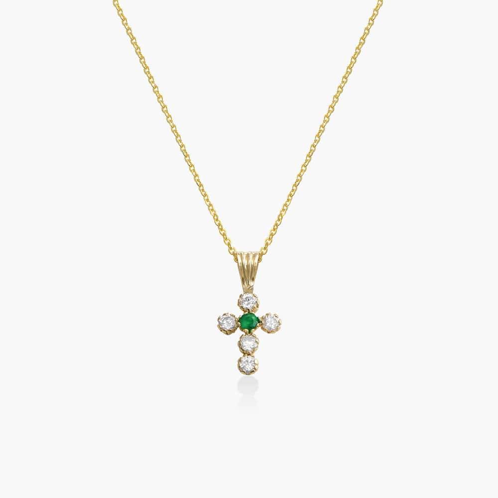 14K Gold Cross Necklace With Emerald and Cubic Zirconia