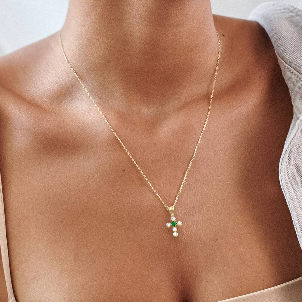 14K Gold Cross Necklace With Emerald and Cubic Zirconia
