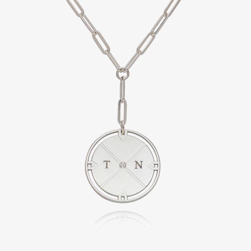 Engraved Compass Necklace With Diamond - Silver