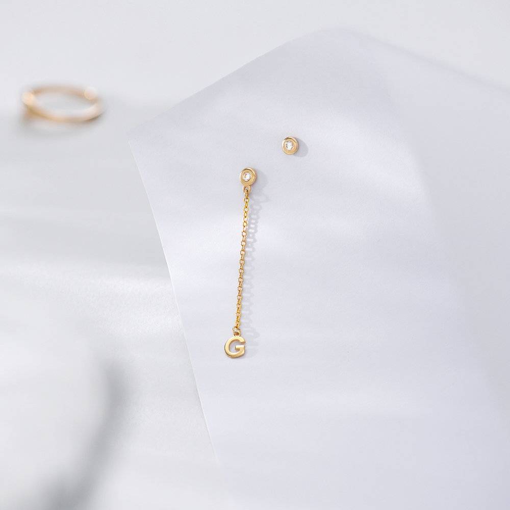 Inez Initial Chain Stud Earring with Diamonds - 14k solid Gold