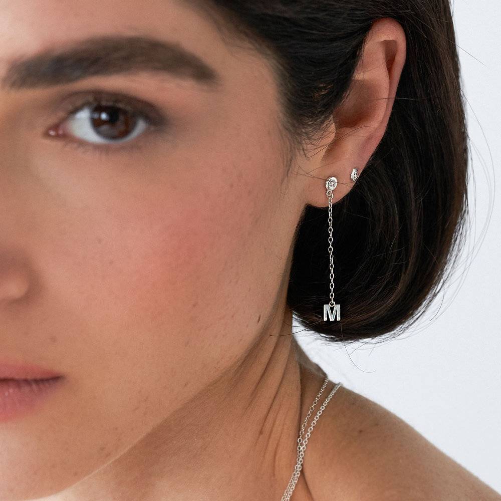 Inez Initial Chain Stud Earring with Diamonds - Silver