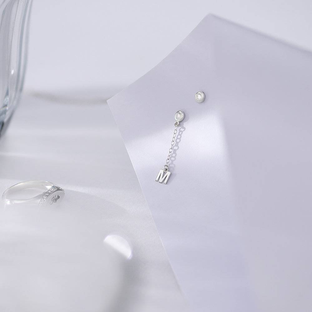 Inez Initial Chain Stud Earrings with Zirconia - Silver