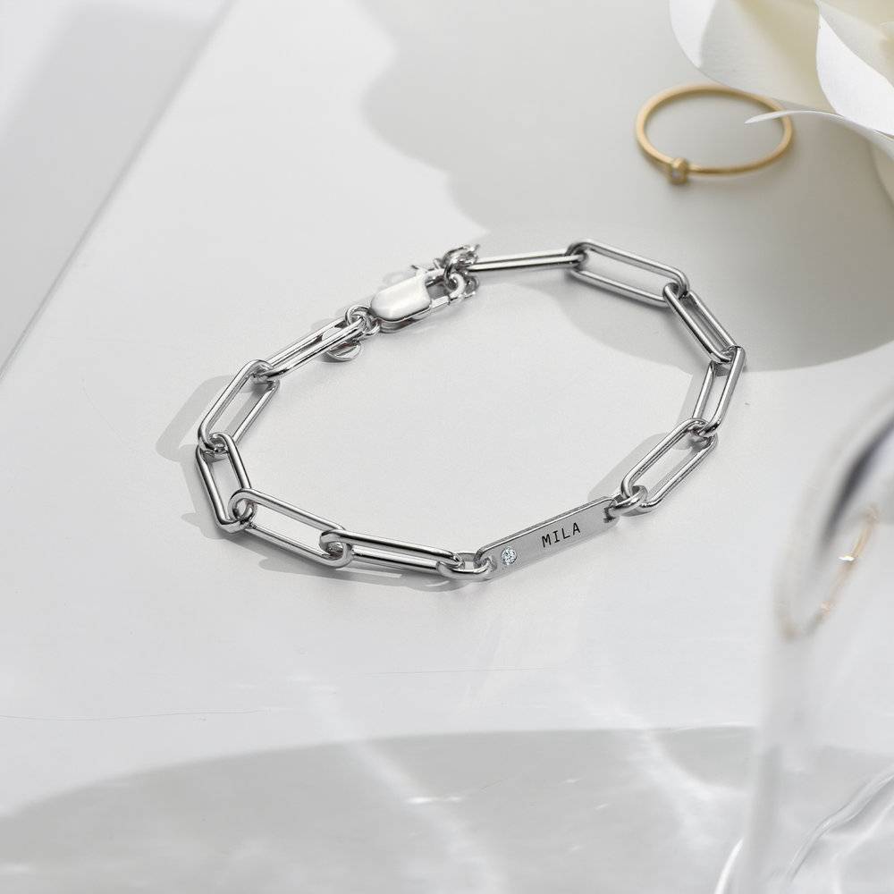 Ivy Name Paperclip Chain Bracelet with Diamond - Silver