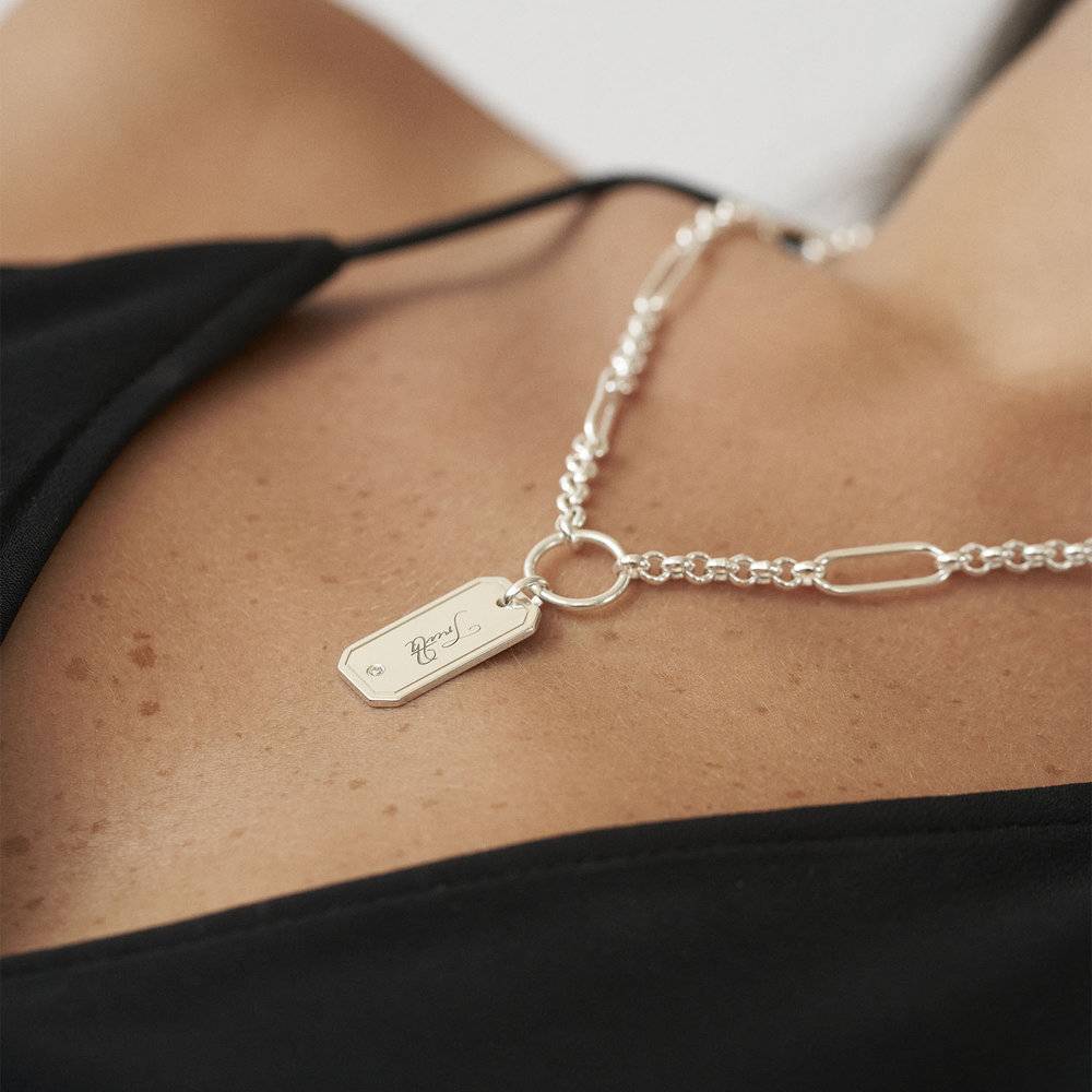 Lucy Chain Necklace with Engravable Tag with Diamond - Silver