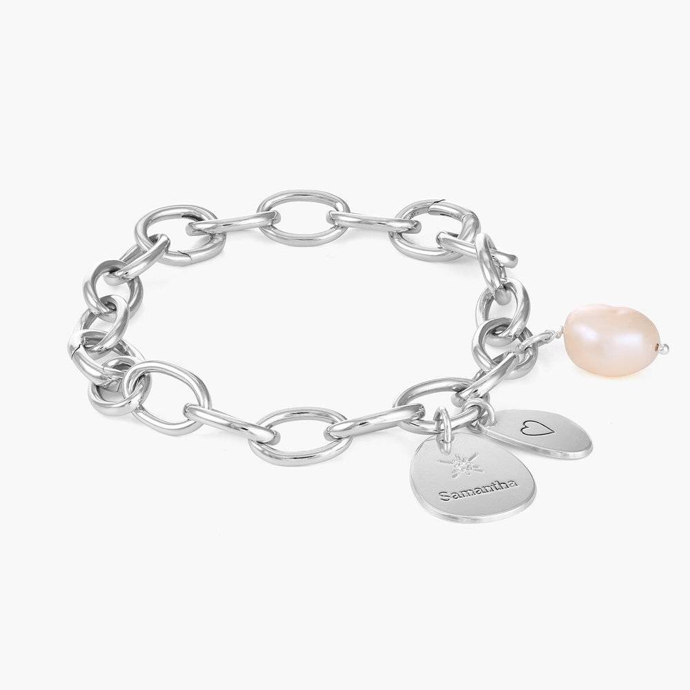 Link Bracelet With Custom Charms and Pearl  - Silver