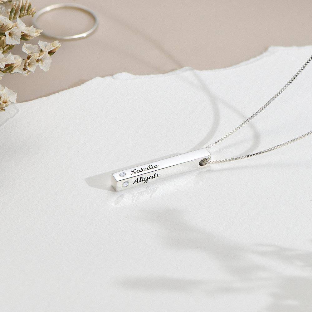 Pillar Bar Engraved Necklace With Diamonds - Sterling Silver