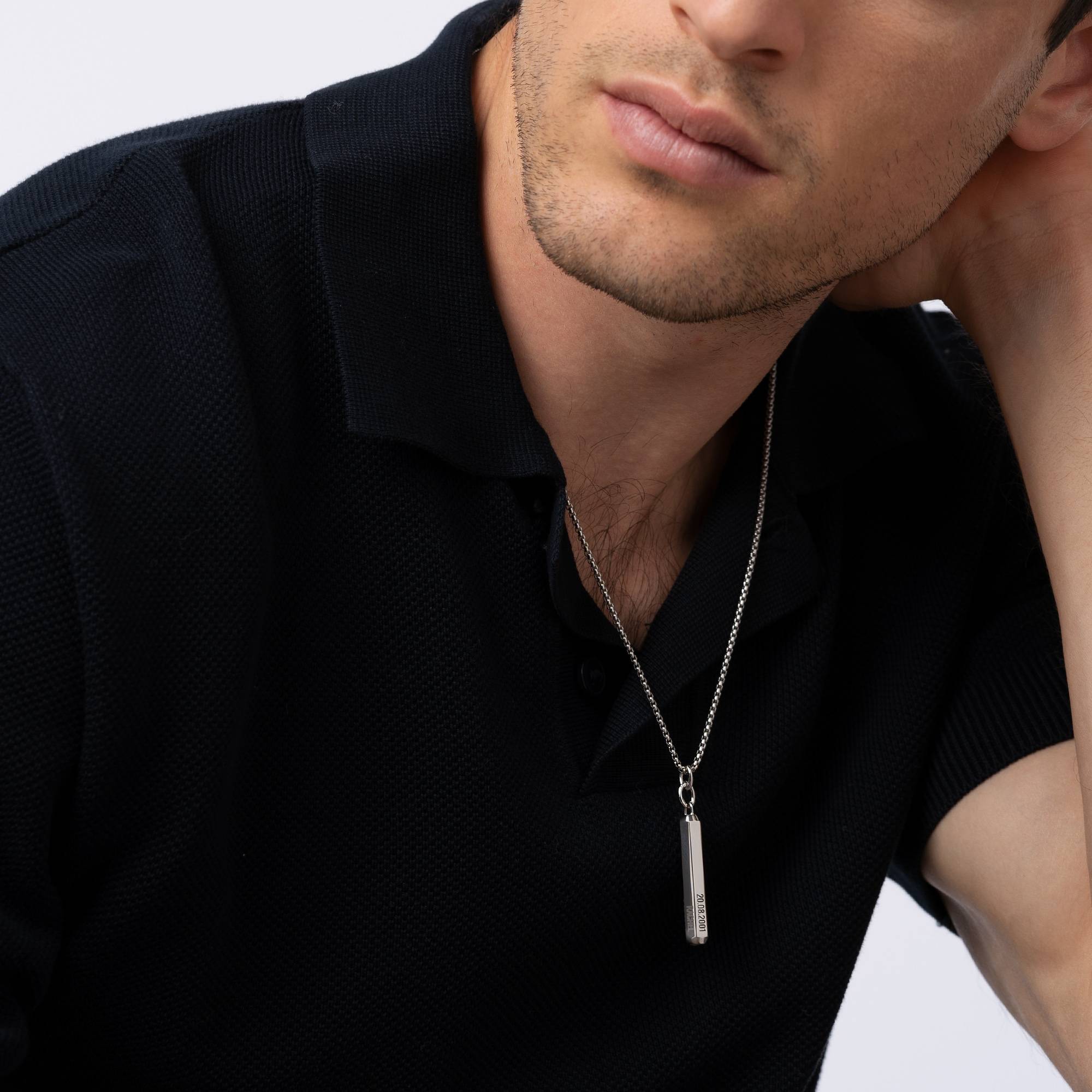 3D Engraved Hexagon Bar Necklace in Stainless Steel for Men-1 product photo