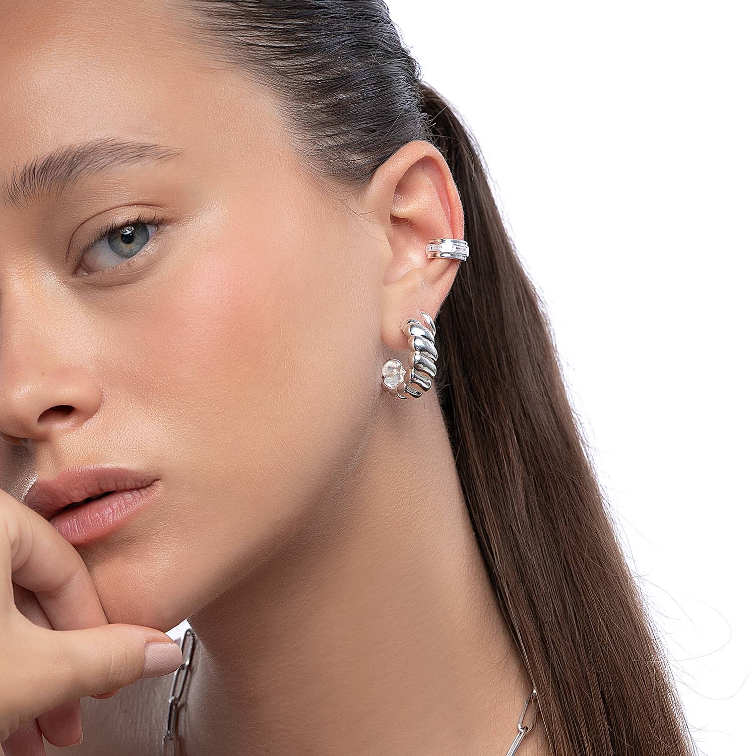 Baguette Cubic Zirconia Ear Cuff - Silver-3 product photo