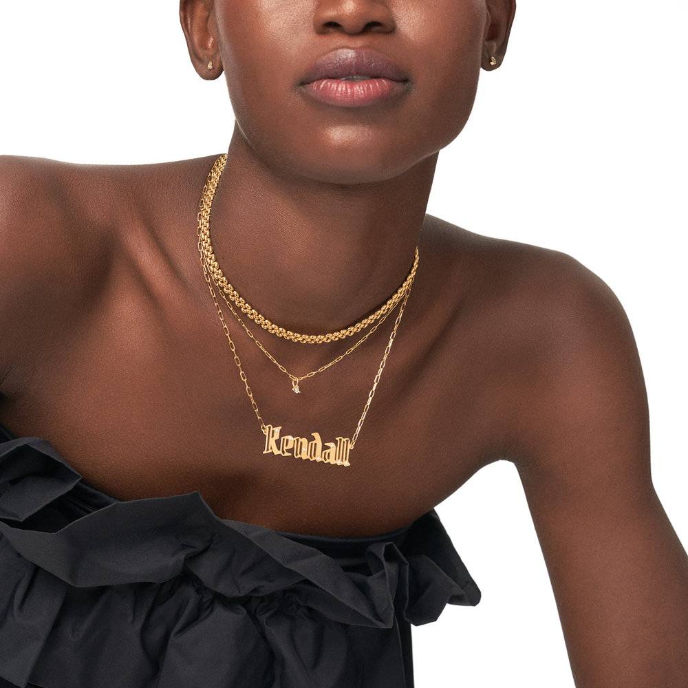Billie Gothic Name Necklace With Diamonds- Gold Vermeil-3 product photo