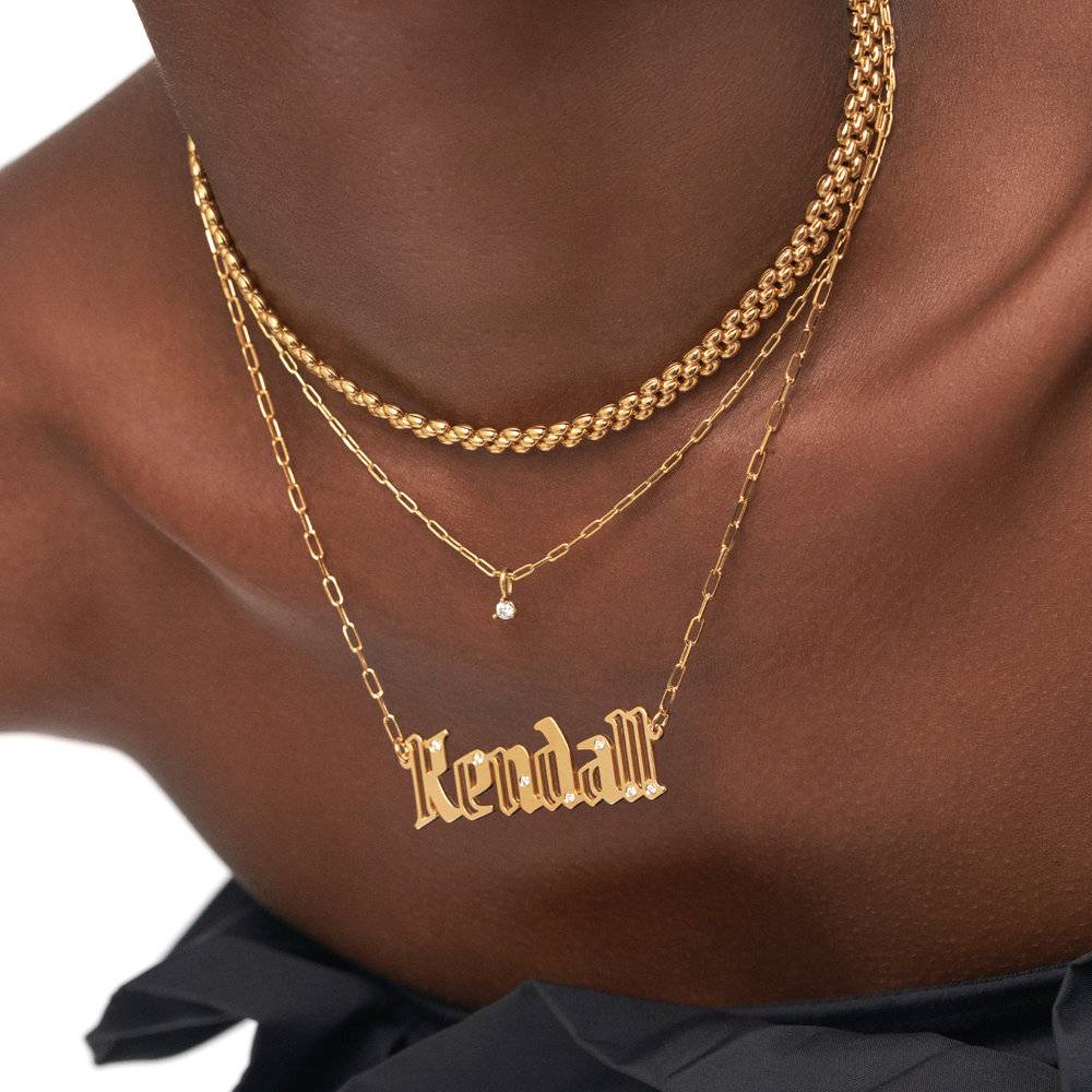 Billie Gothic Name Necklace With Diamonds- Gold Vermeil-1 product photo