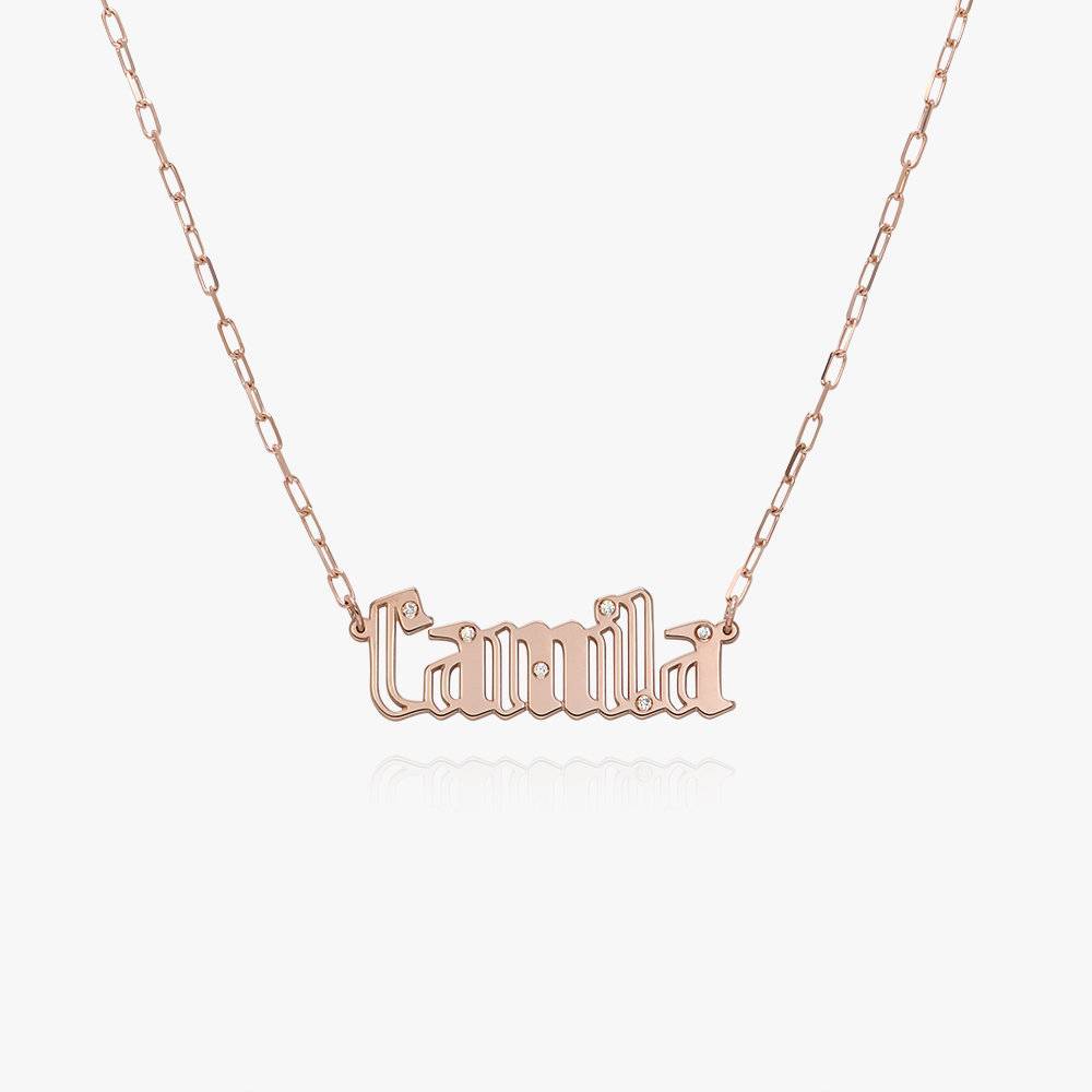 Billie Gothic Name Necklace With Diamonds - Rose Gold Vermeil product photo