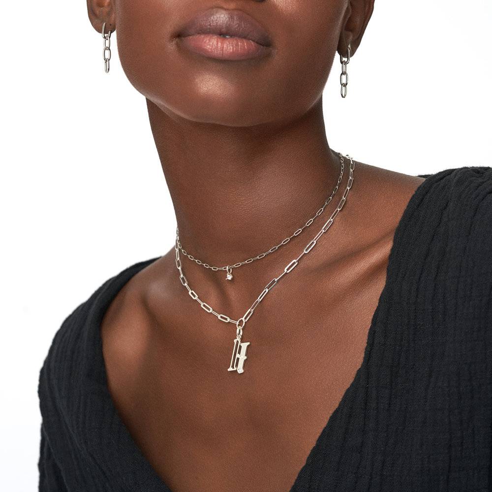 Billie Initial Classic Link Chain Necklace with Diamonds - Silver