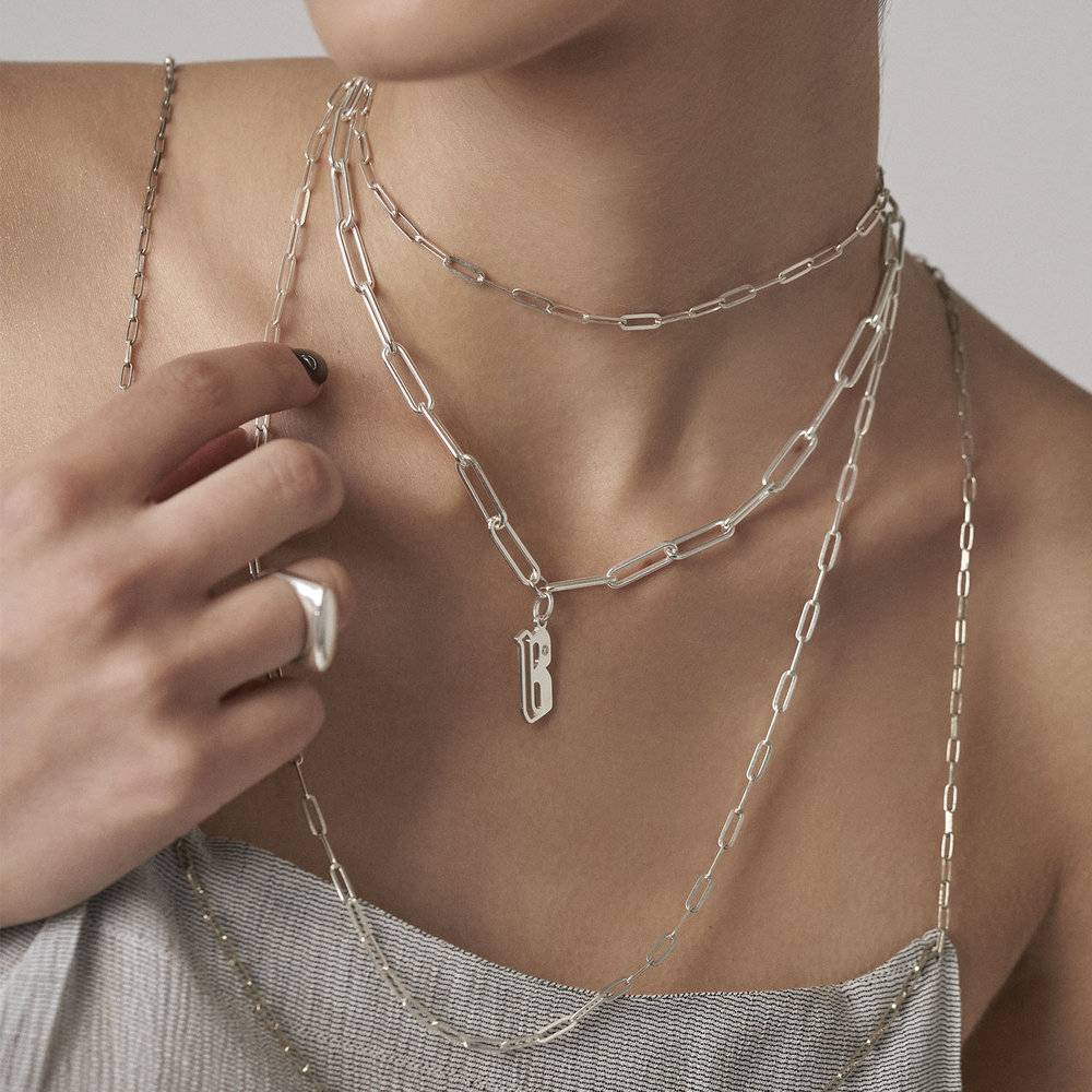 Billie Initial Link Chain Necklace With Diamonds - Silver-5 product photo