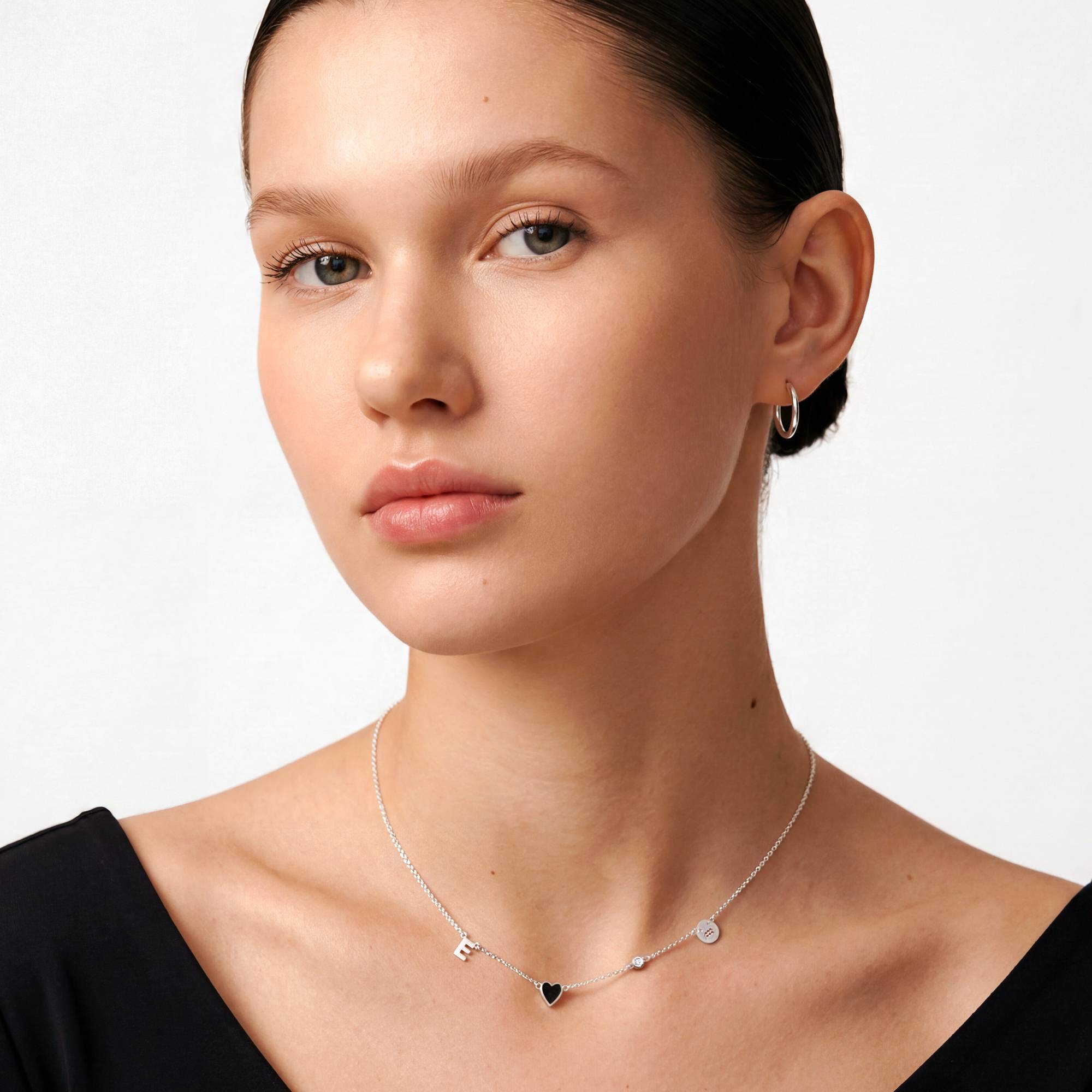 Black Inez Initial Heart Necklace with Diamond - Silver-3 product photo