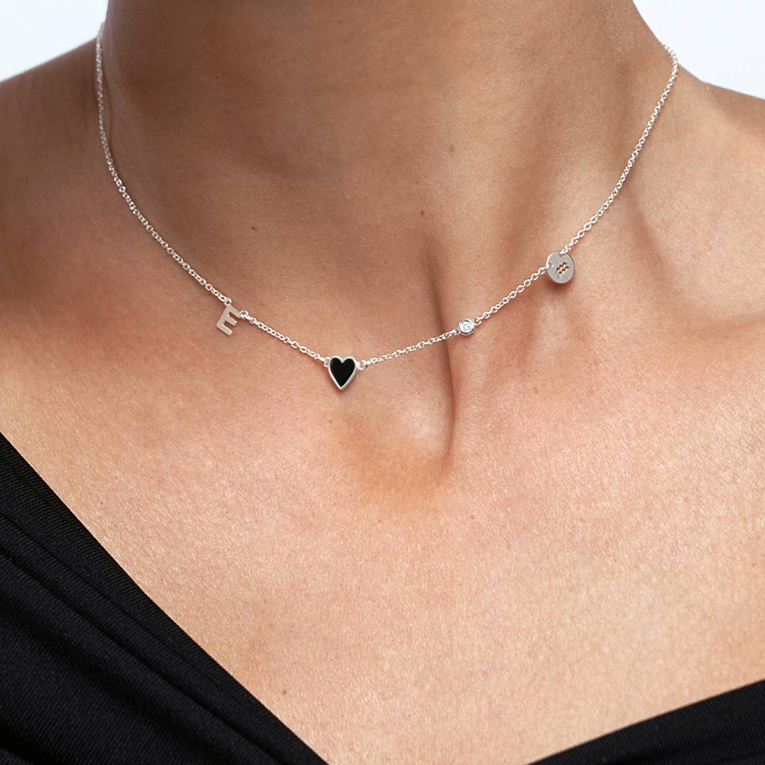 Black Inez Initial Heart Necklace with Diamond - Silver-2 product photo