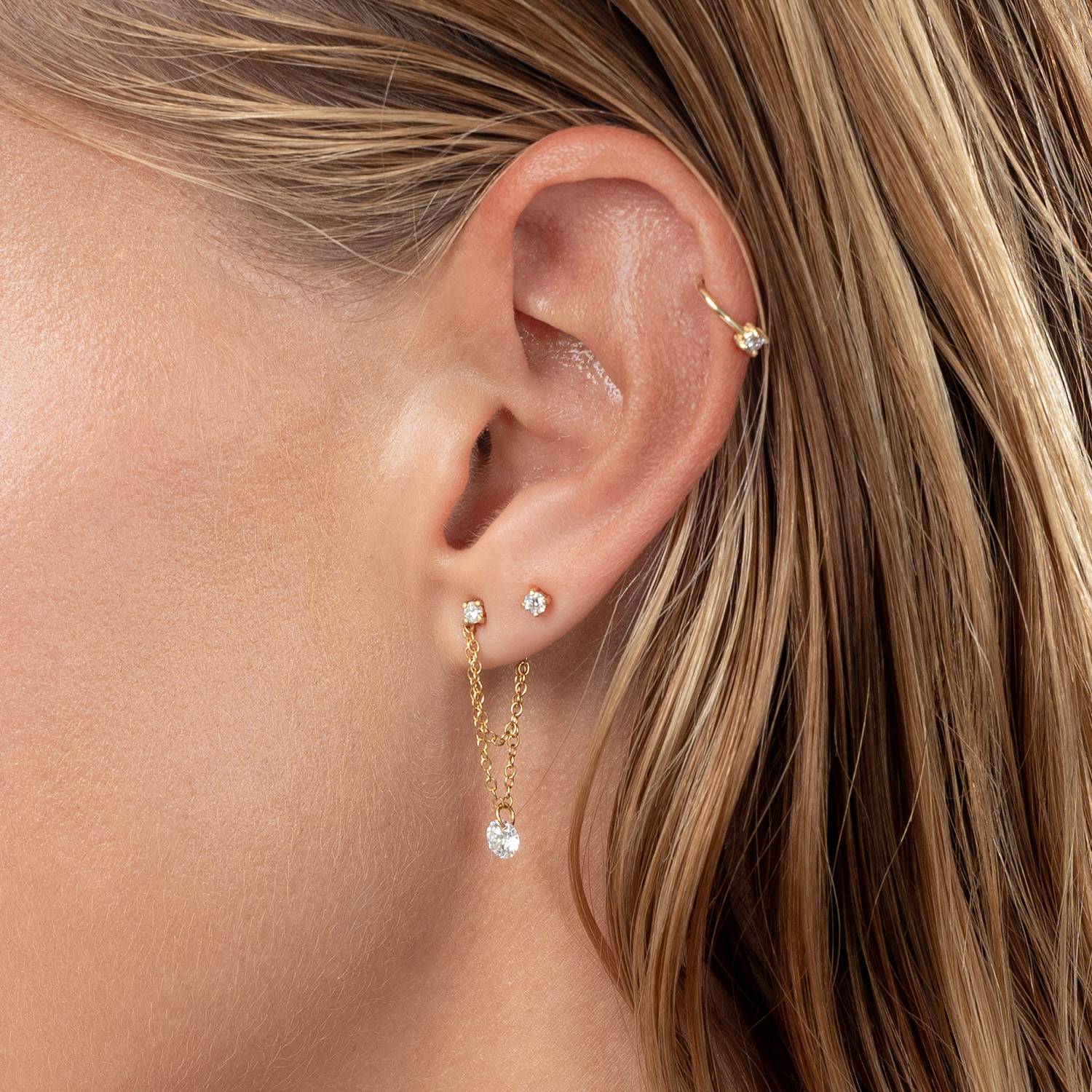 Capri Floating Diamond with Double Chain Stud Earrings- 14k Solid Gold-3 product photo