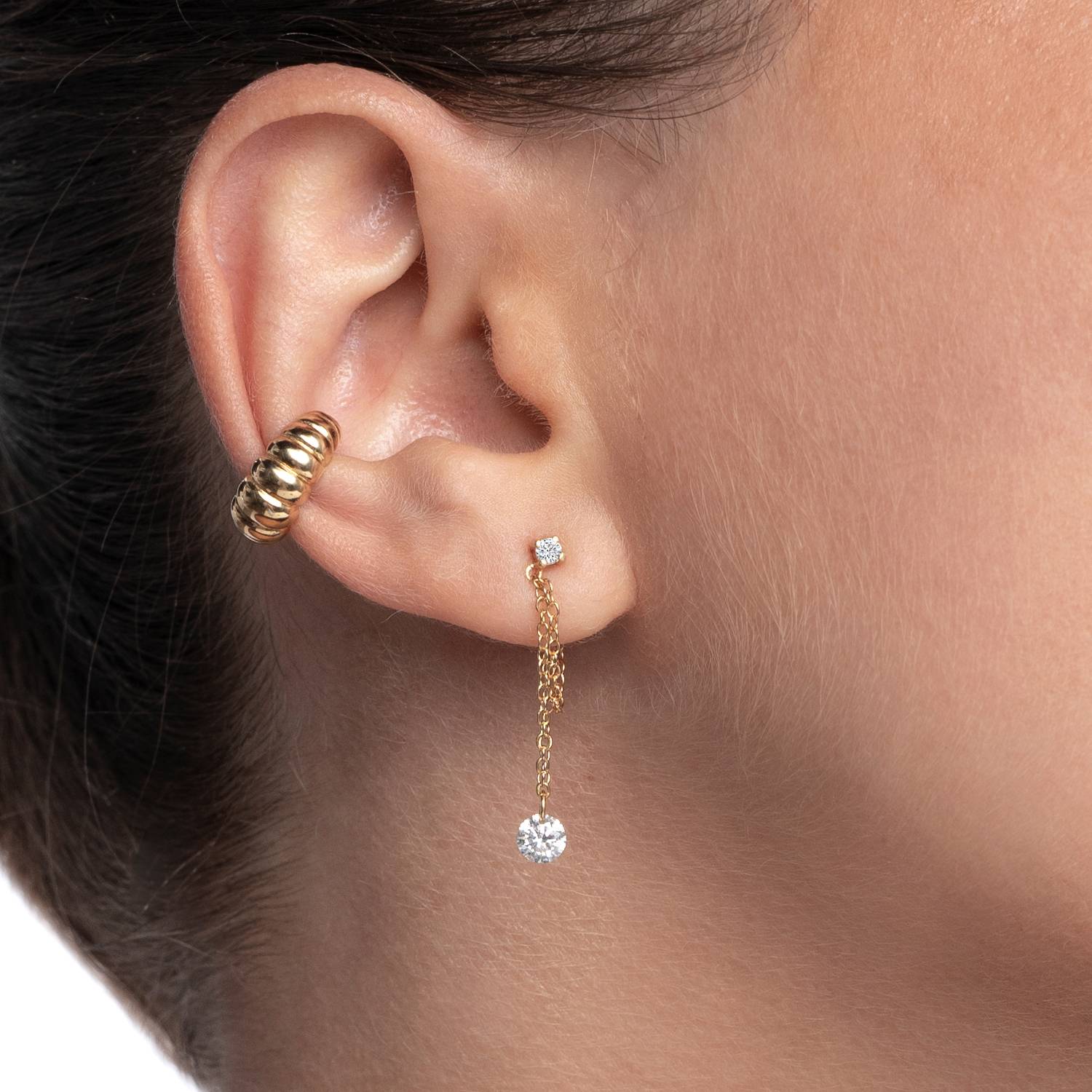 Capri Floating Diamond with Double Chain Stud Earrings- Gold Vermeil-6 product photo
