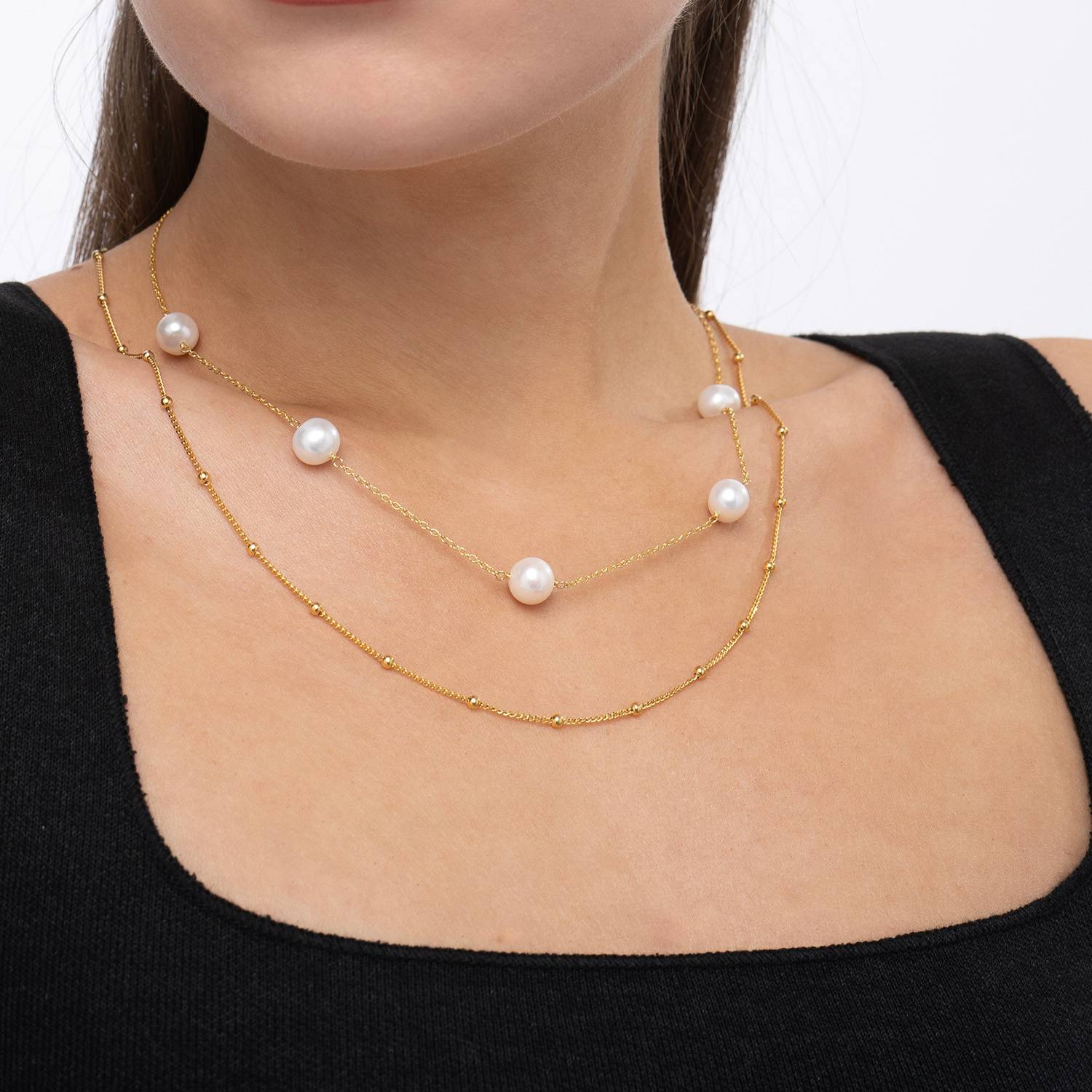Cultured Pearl Station Necklace -  Gold Plated-4 product photo