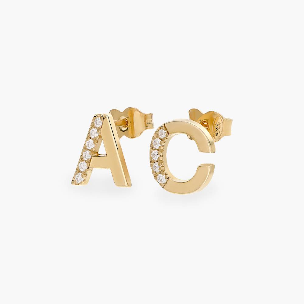 Diamond Initial Stud Earrings- 14k Solid Gold product photo