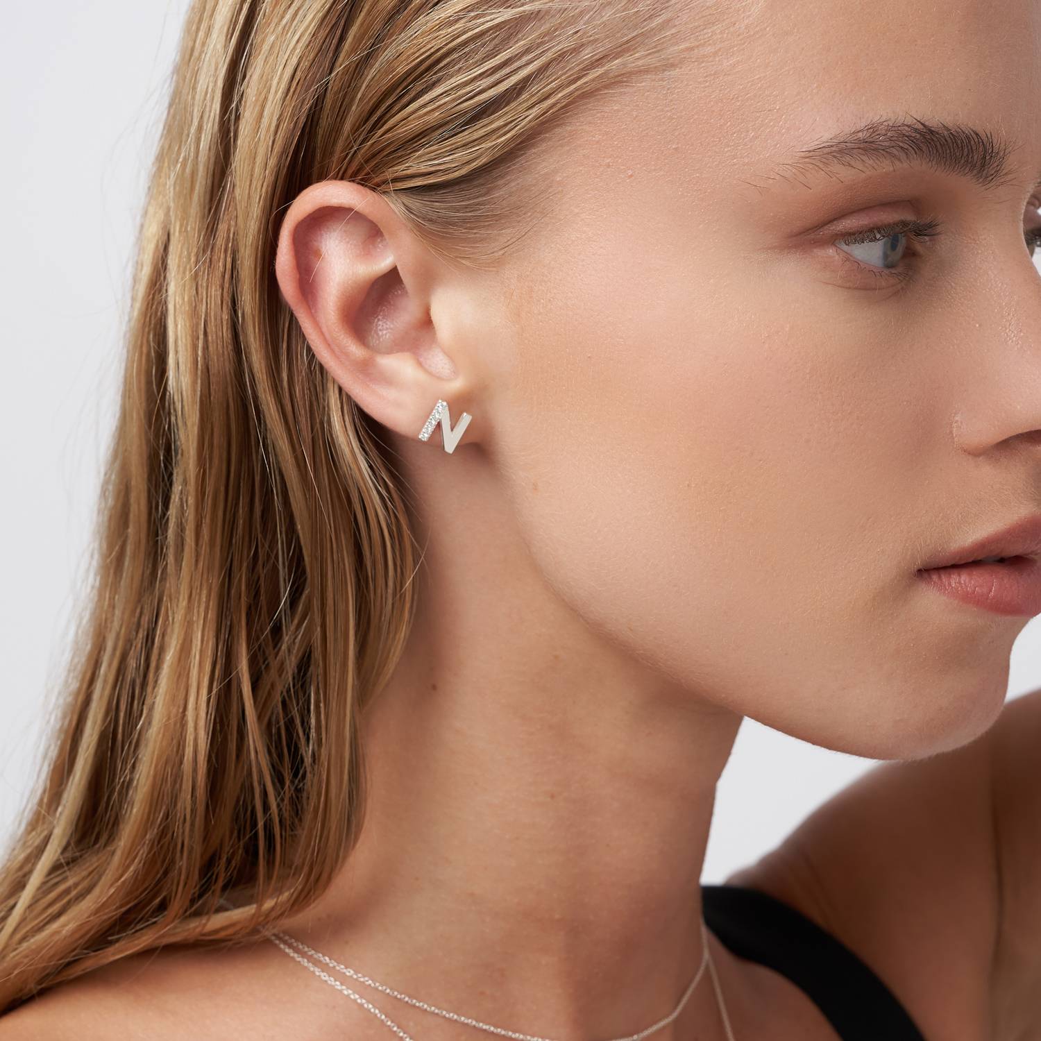 Diamond Initial Stud Earrings- Silver-1 product photo