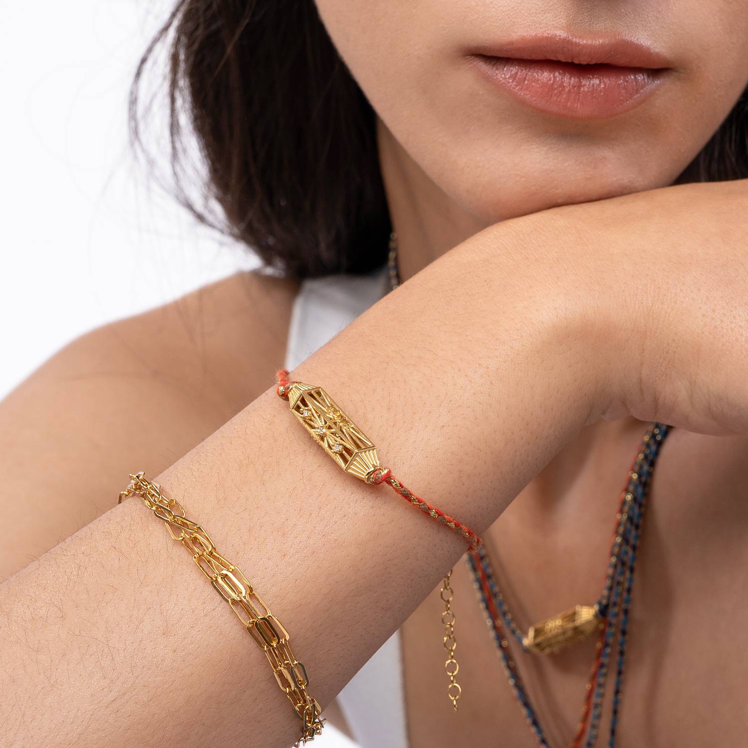 Diamonds Talisman Bracelet with Orange Cord - Gold Vermeil-1 product photo