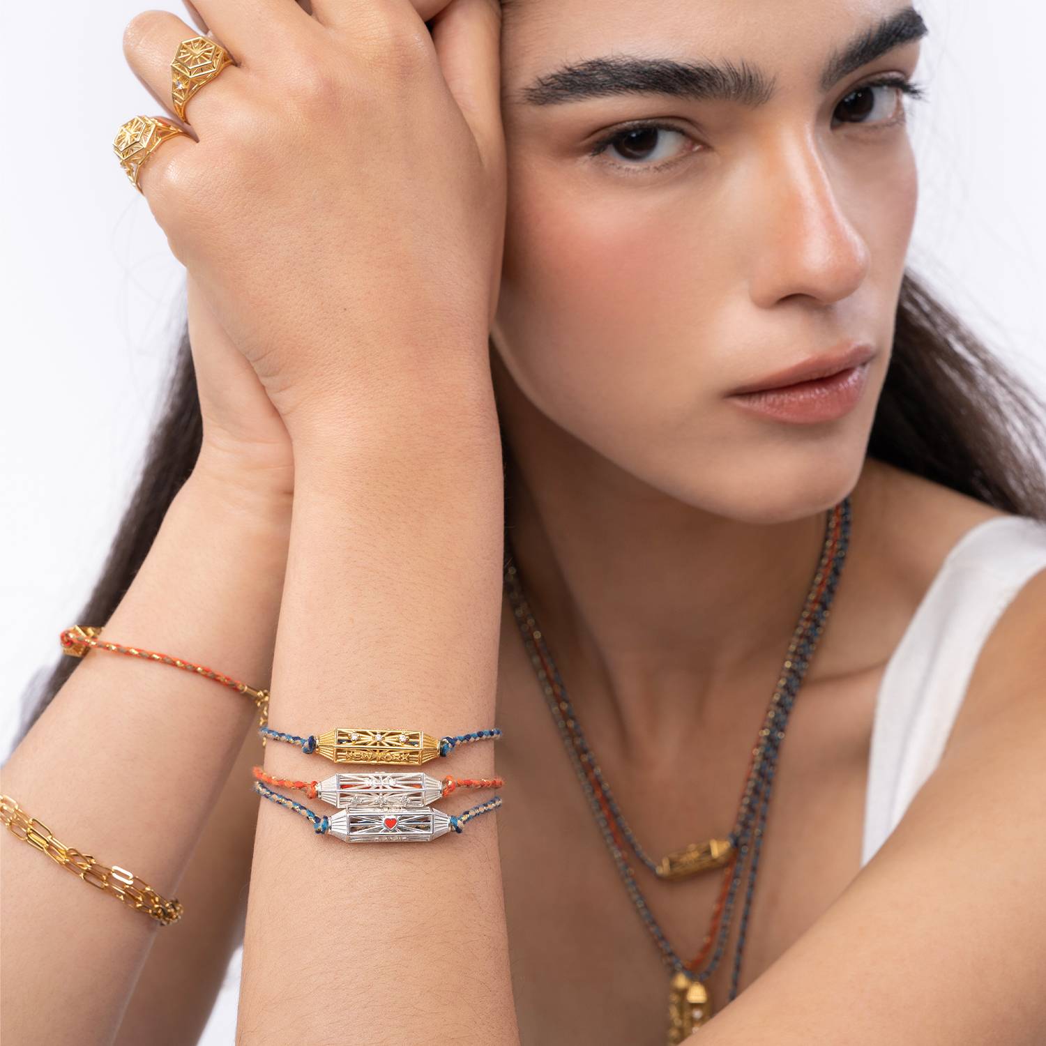 Diamonds Talisman Bracelet  with Orange Cord - Silver-5 product photo