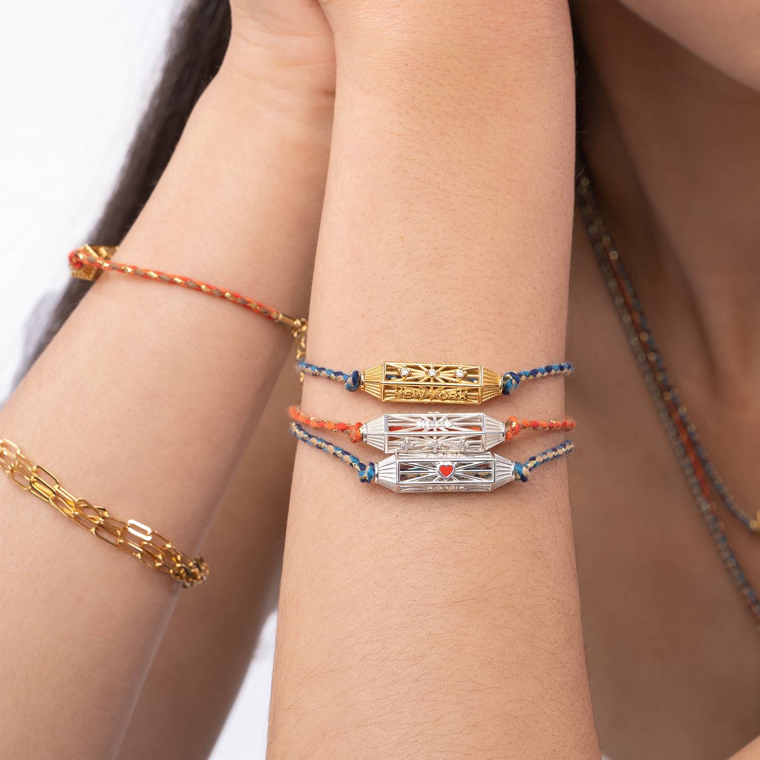 Diamonds Talisman Bracelet  with Orange Cord - Silver-1 product photo