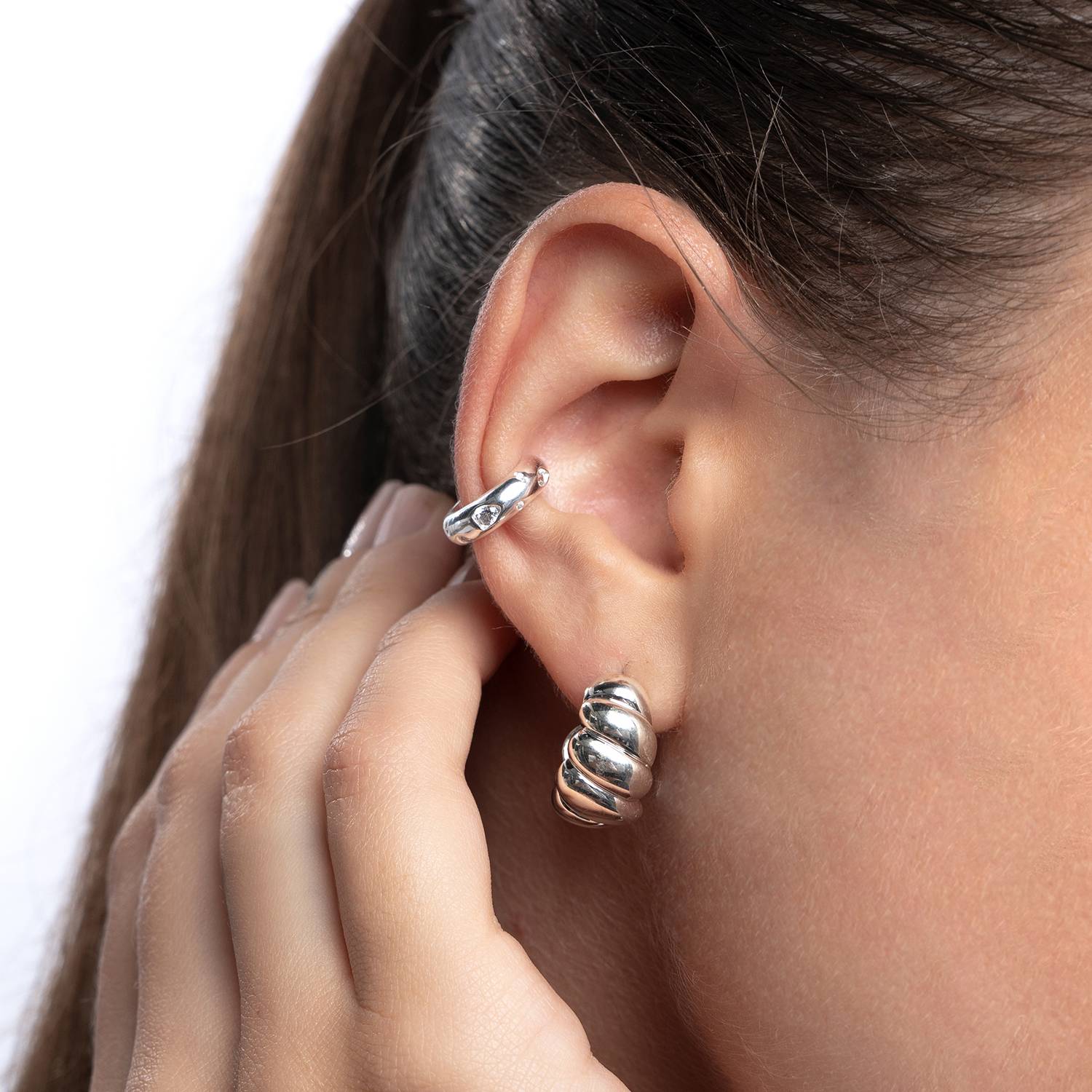 Dome Ear Cuff with Cubic Zirconia - Silver-1 product photo