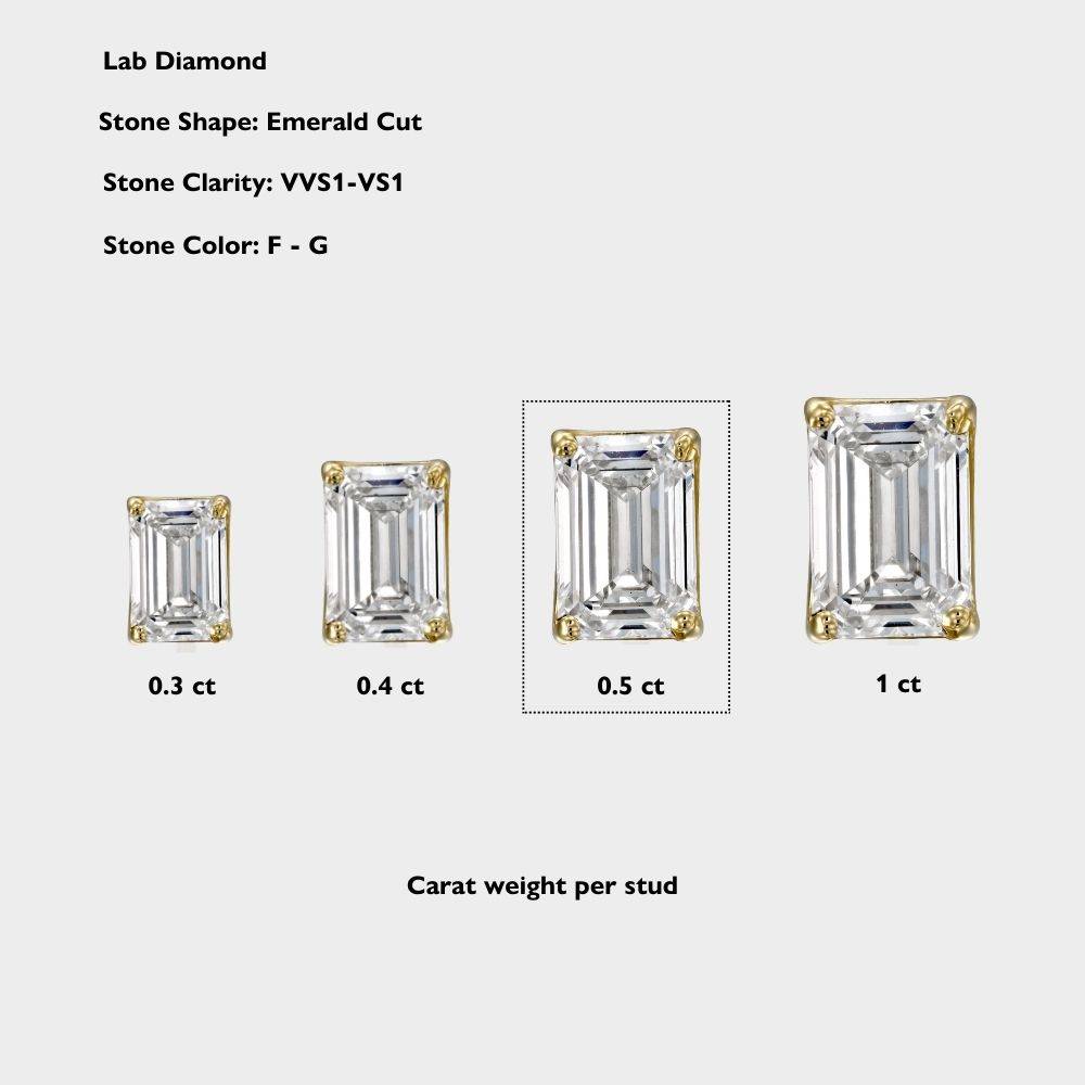 Emerald Cut Diamond Stud Earrings 1 CT- Solid Gold-6 product photo