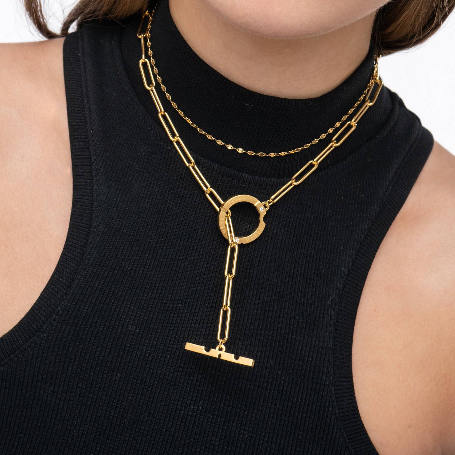 Engraved Axis T Lock Necklace with Diamonds- Gold Vermeil-3 product photo