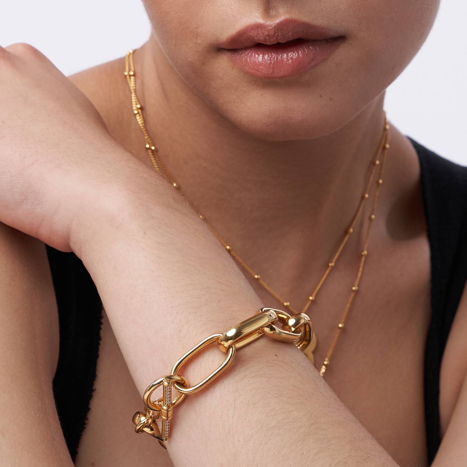 Engraved Chunky Paperclip Bracelet With Diamonds- Gold Vermeil-4 product photo