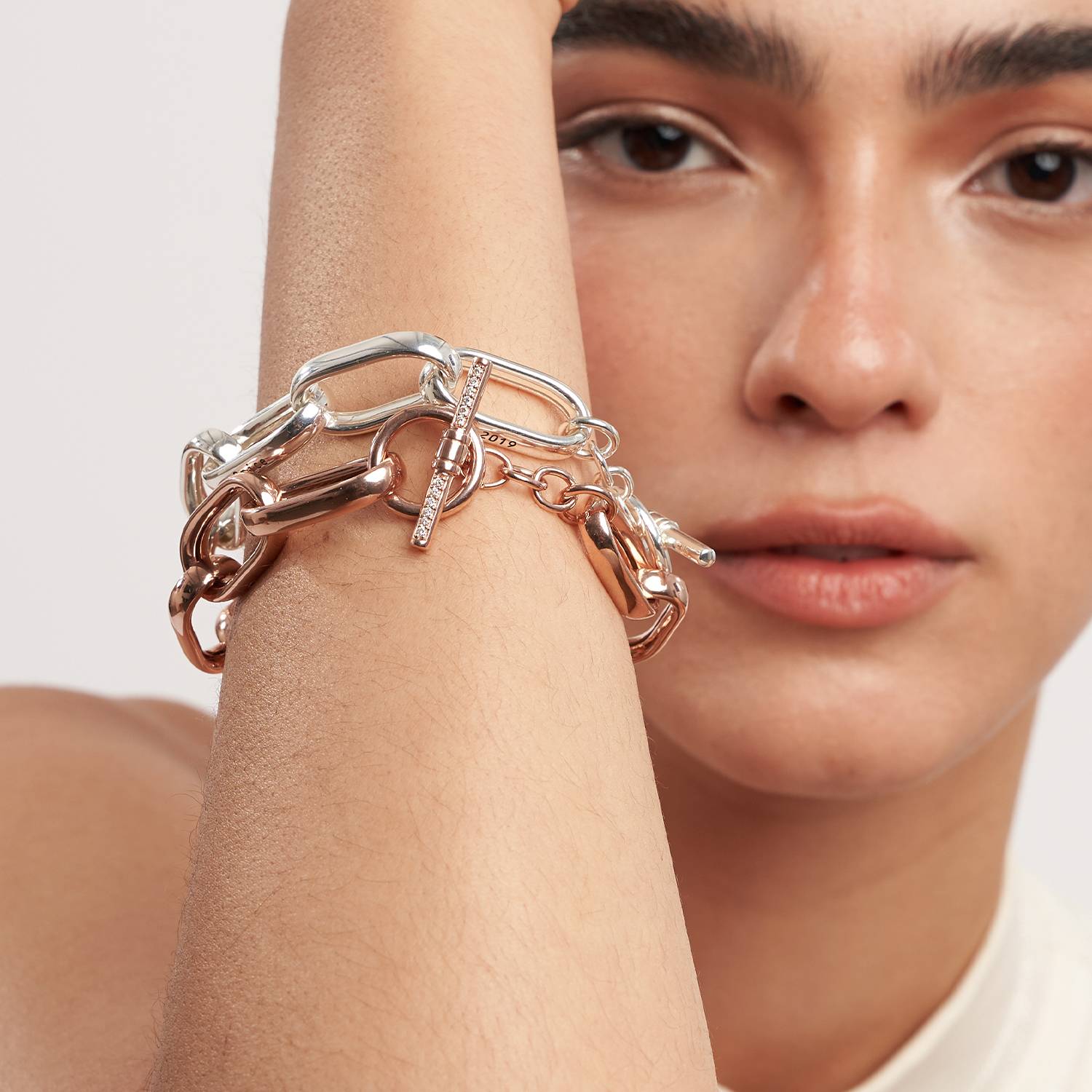 Engraved Chunky Paperclip Bracelet With Diamonds- Rose Gold Vermeil-2 product photo