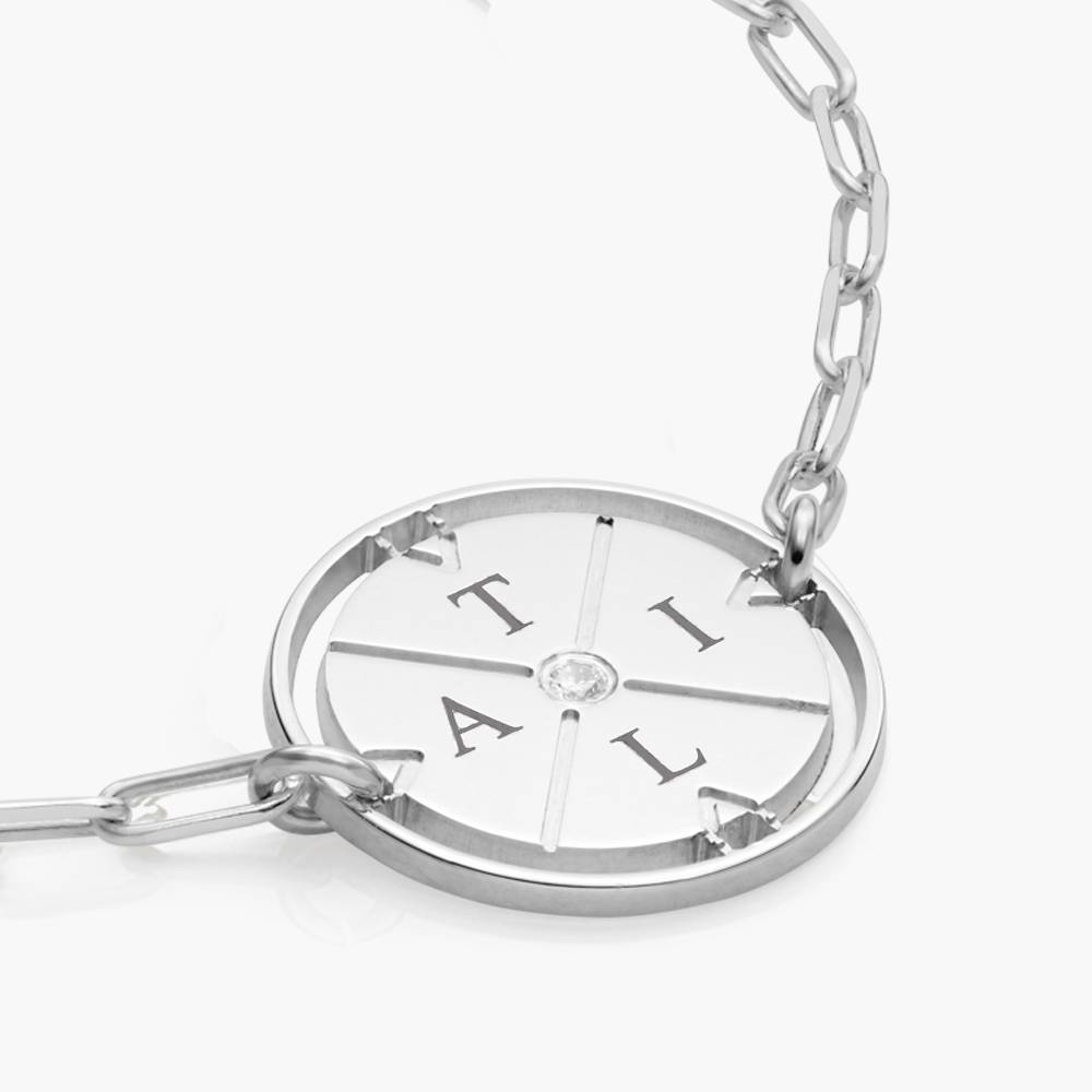 Engraved Compass Bracelet with Diamonds- Silver-3 product photo