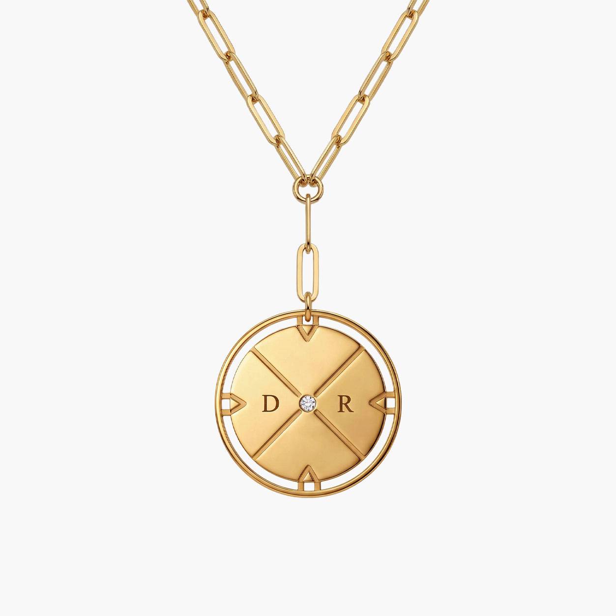 Engraved Compass Necklace with sparkling stone - Gold Plated-4 product photo