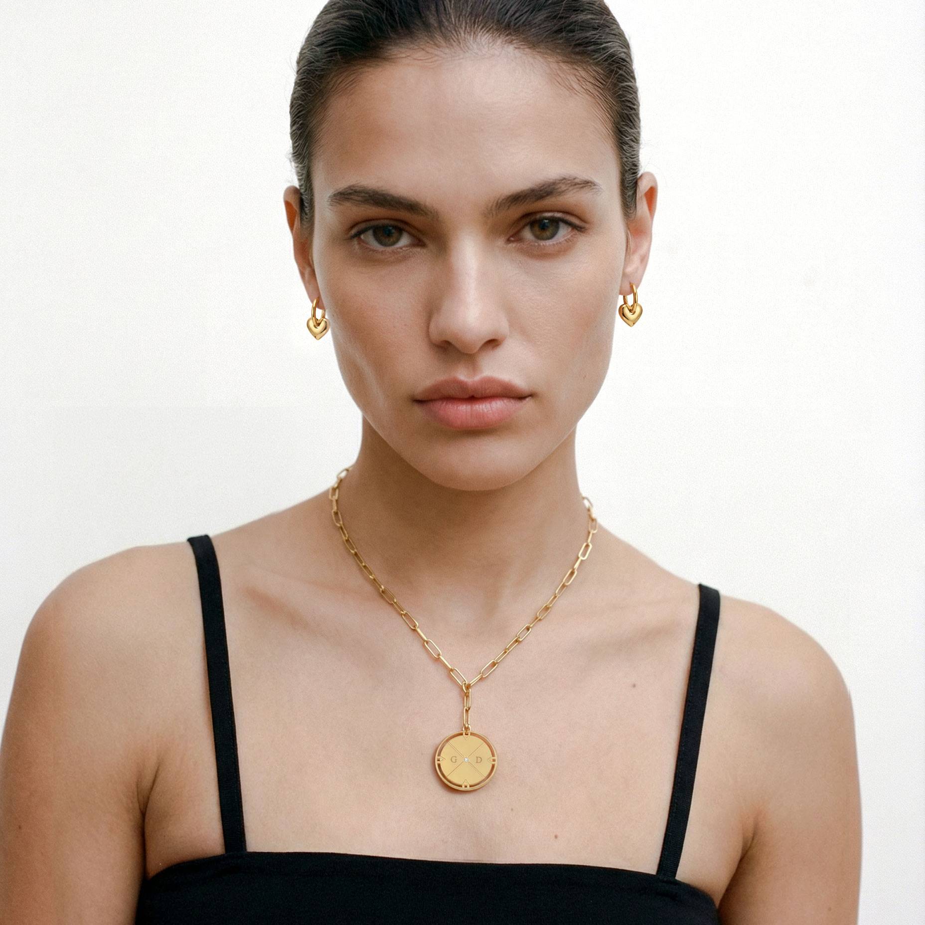 Engraved Compass Necklace with sparkling stone - Gold Plated-3 product photo