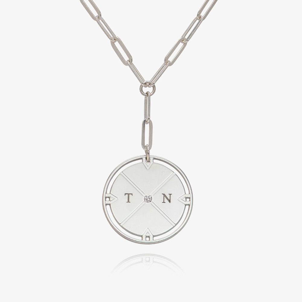 Engraved Compass Necklace with sparkling stone - Silver Plated-1 product photo