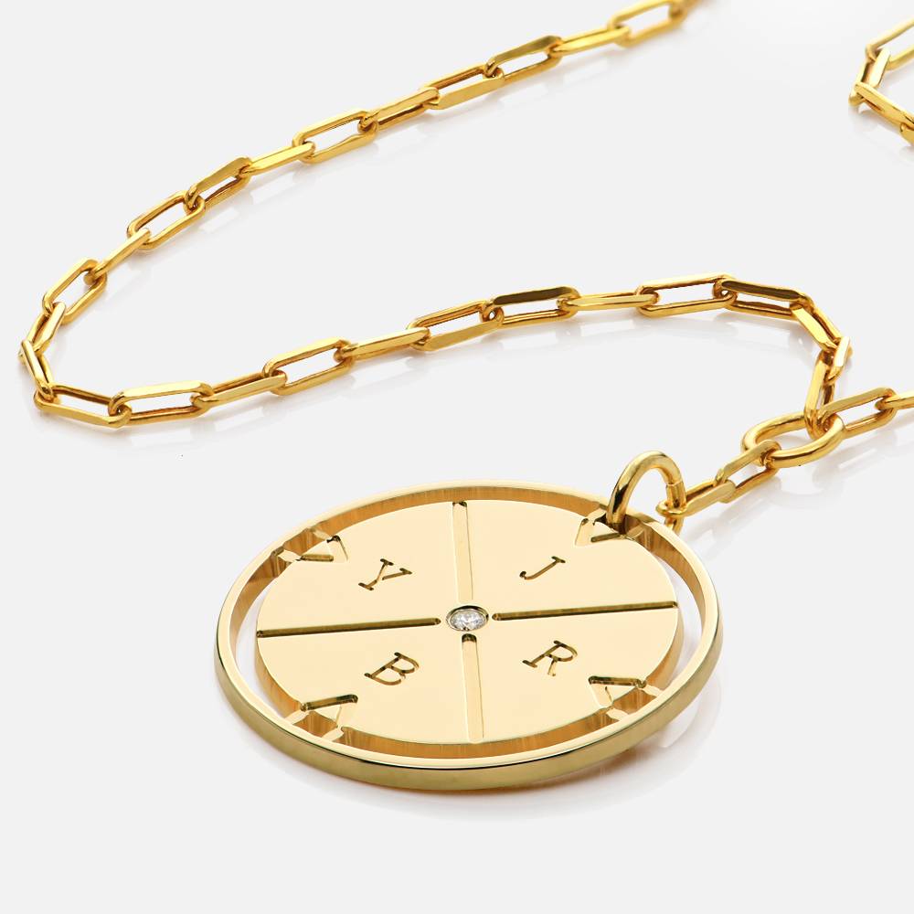 Engraved Compass Necklace with diamond - 14k Solid Gold-1 product photo