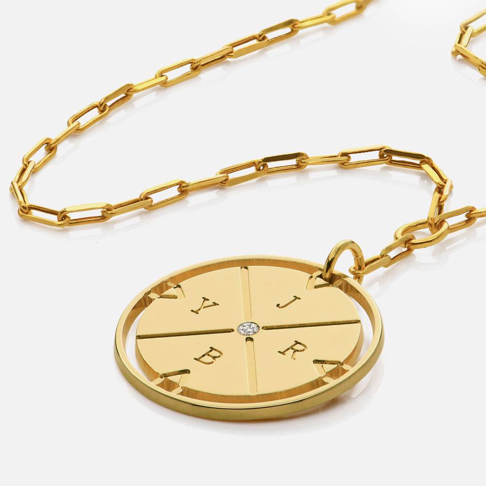 Engraved Compass Necklace with Diamond - 14k Solid Gold