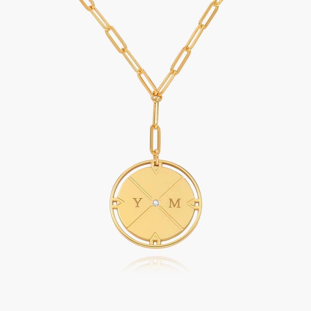 Engraved Compass Necklace With Diamond - Gold Vermeil product photo