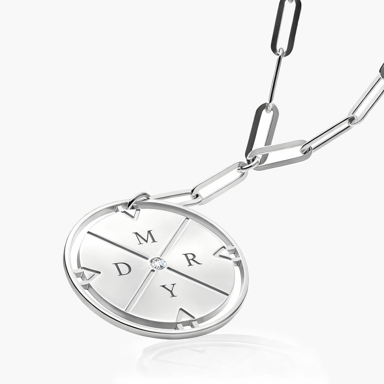 Engraved Compass Necklace with Diamond - Silver