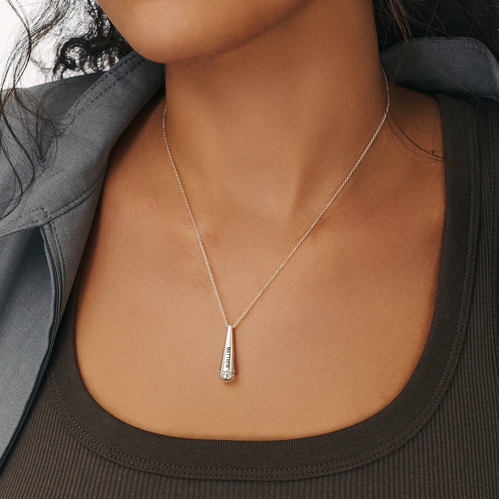 Engraved Drop Necklace with sparkling stone - Silver-4 product photo