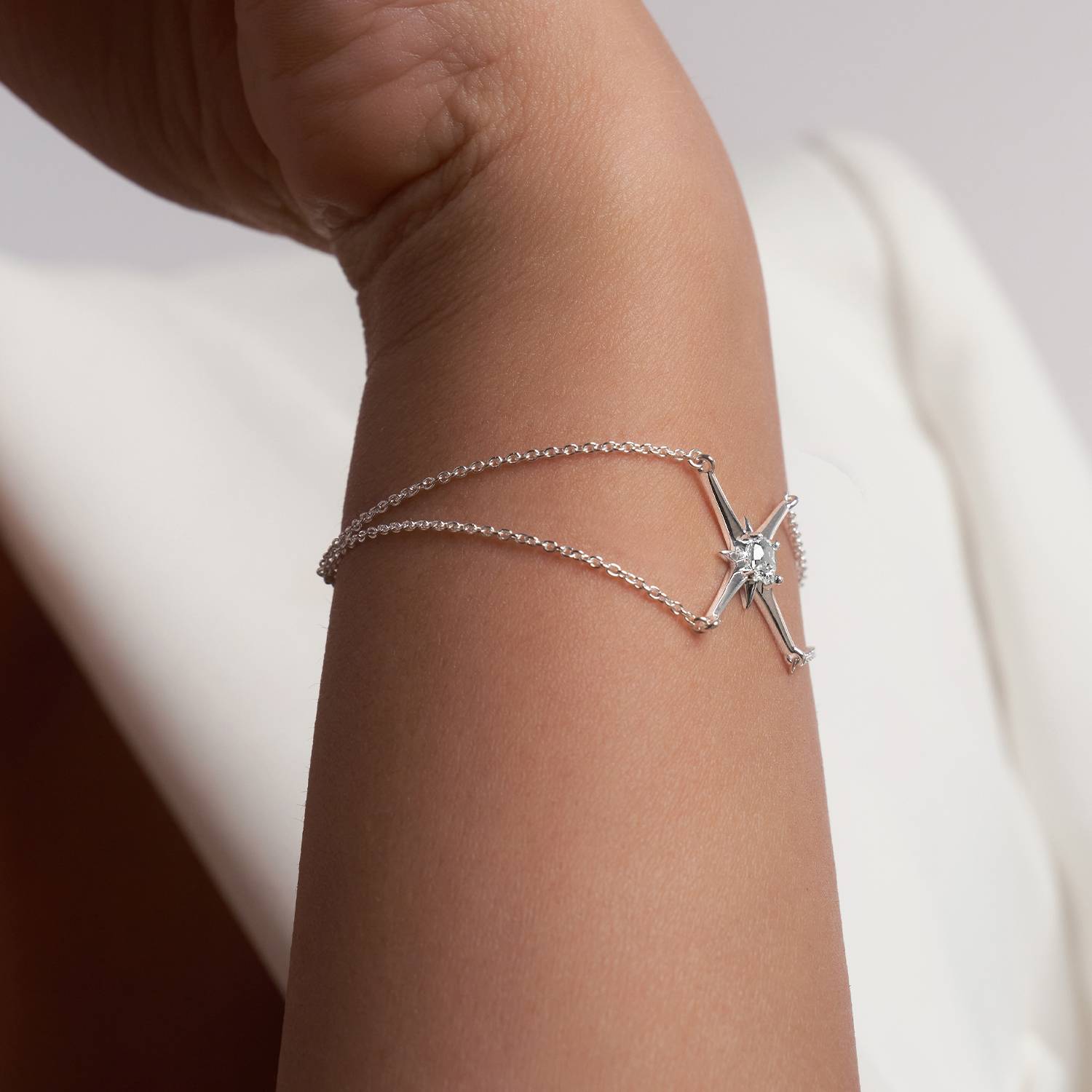 Engraved Northern Star Bracelet with 0.3ct Diamond- Silver-5 product photo