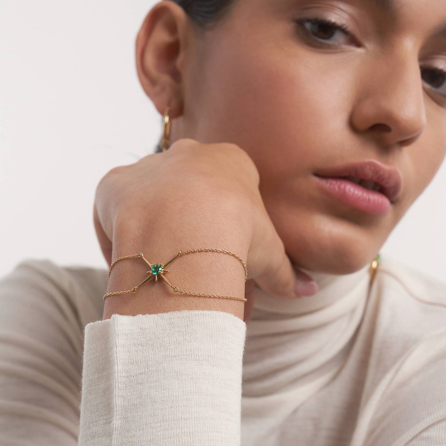 Engraved Northern Star Bracelet with 0.3ct Green Emerald Gemstone- Gold Vermeil-7 product photo