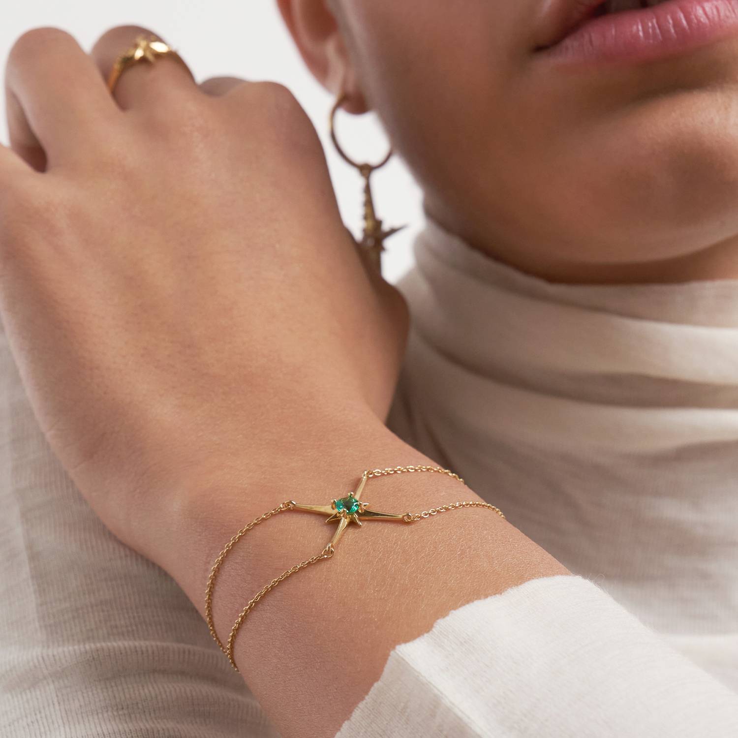 Engraved Northern Star Bracelet with 0.3ct Green Emerald Gemstone- Gold Vermeil-2 product photo