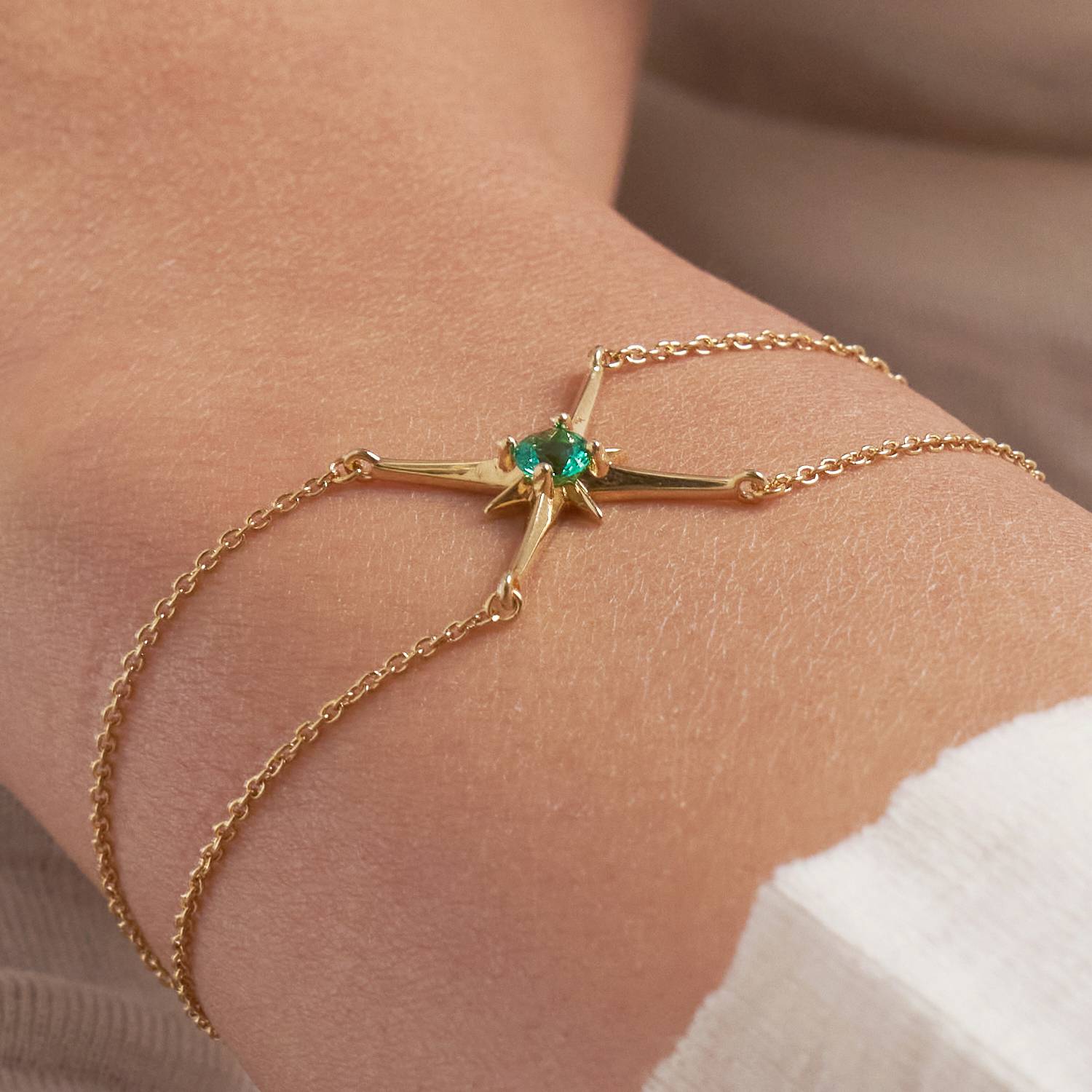 Engraved Northern Star Bracelet with 0.3ct Green Emerald Gemstone- Gold Vermeil-3 product photo