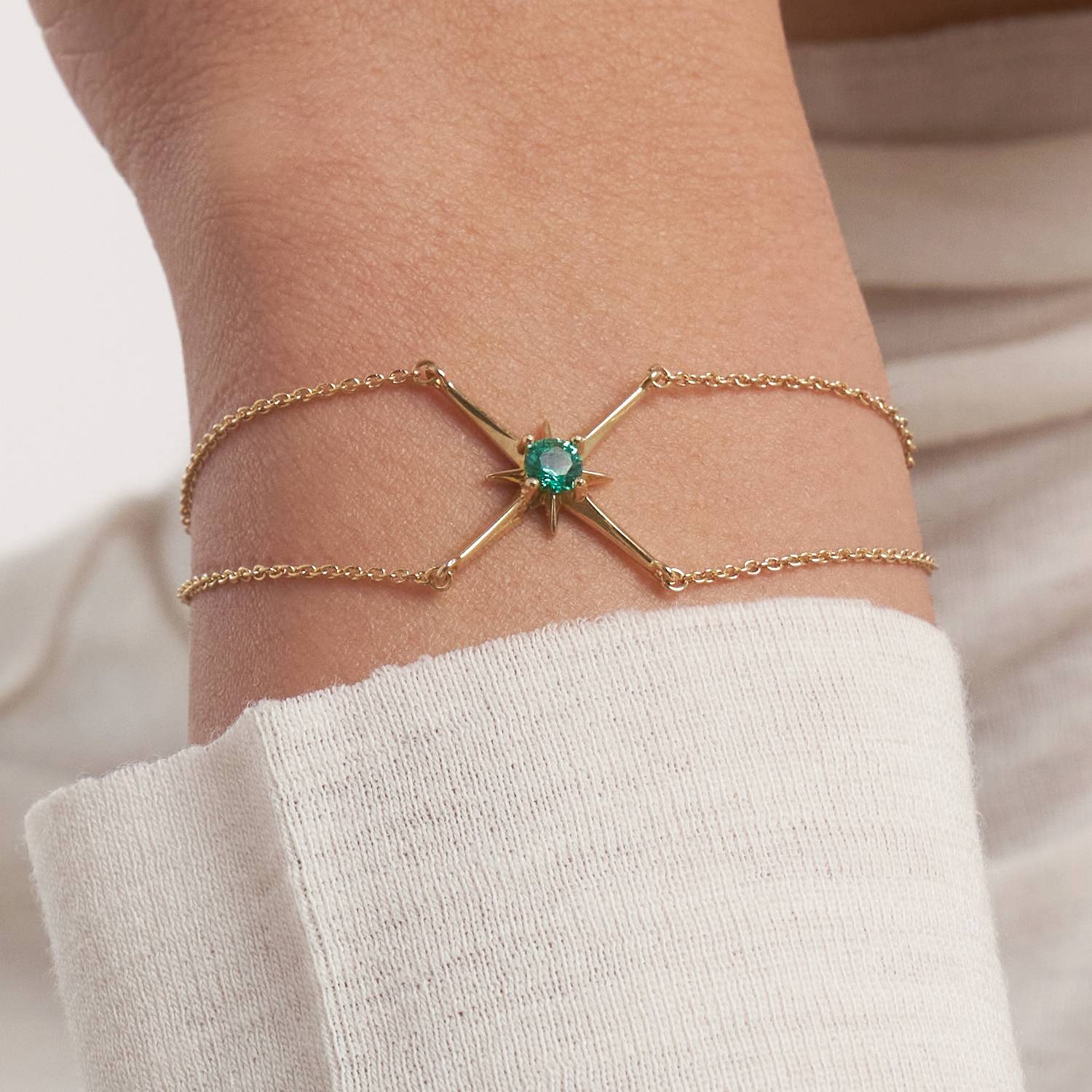 Engraved Northern Star Bracelet with 0.3ct Green Emerald Gemstone- Gold Vermeil product photo