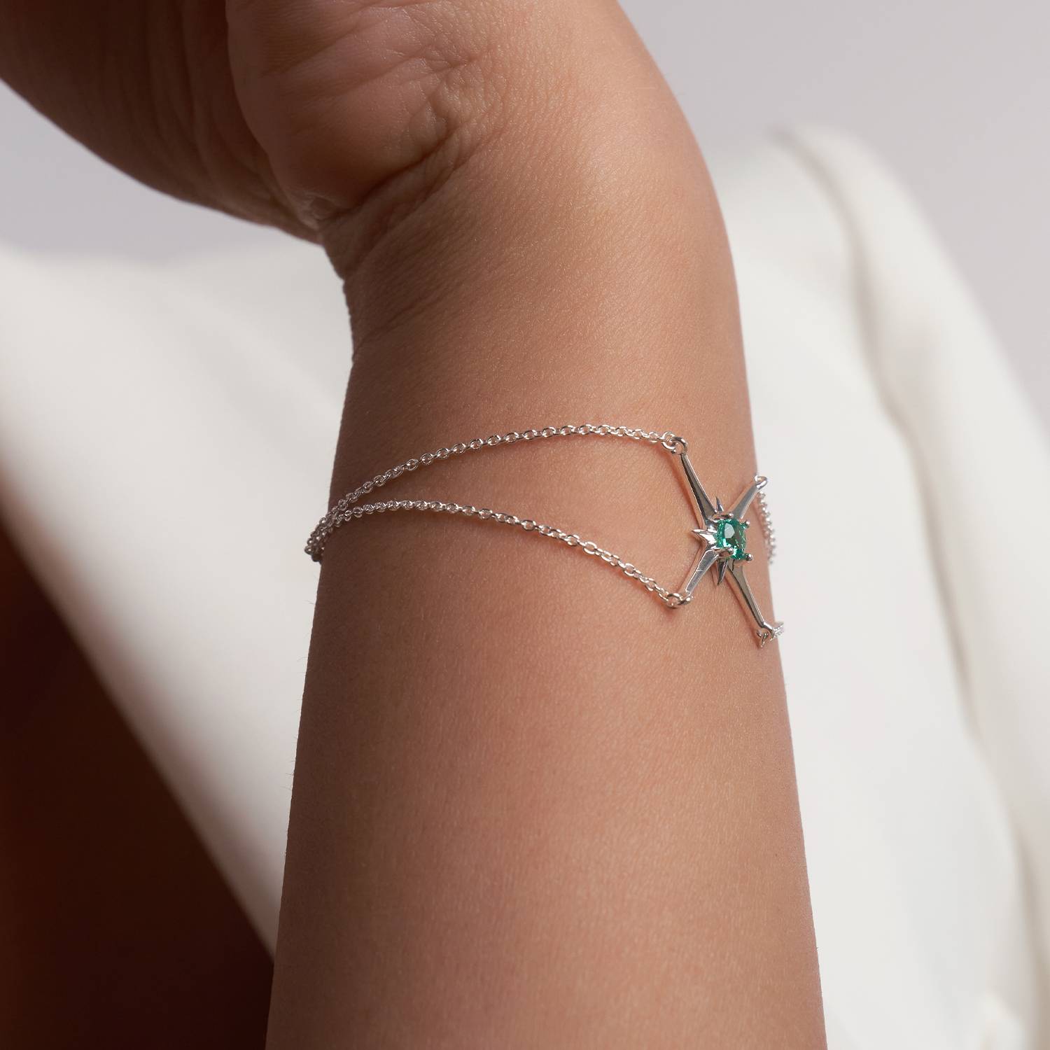 Engraved Northern Star Bracelet with 0.3ct Green Emerald Gemstone - Silver-1 product photo