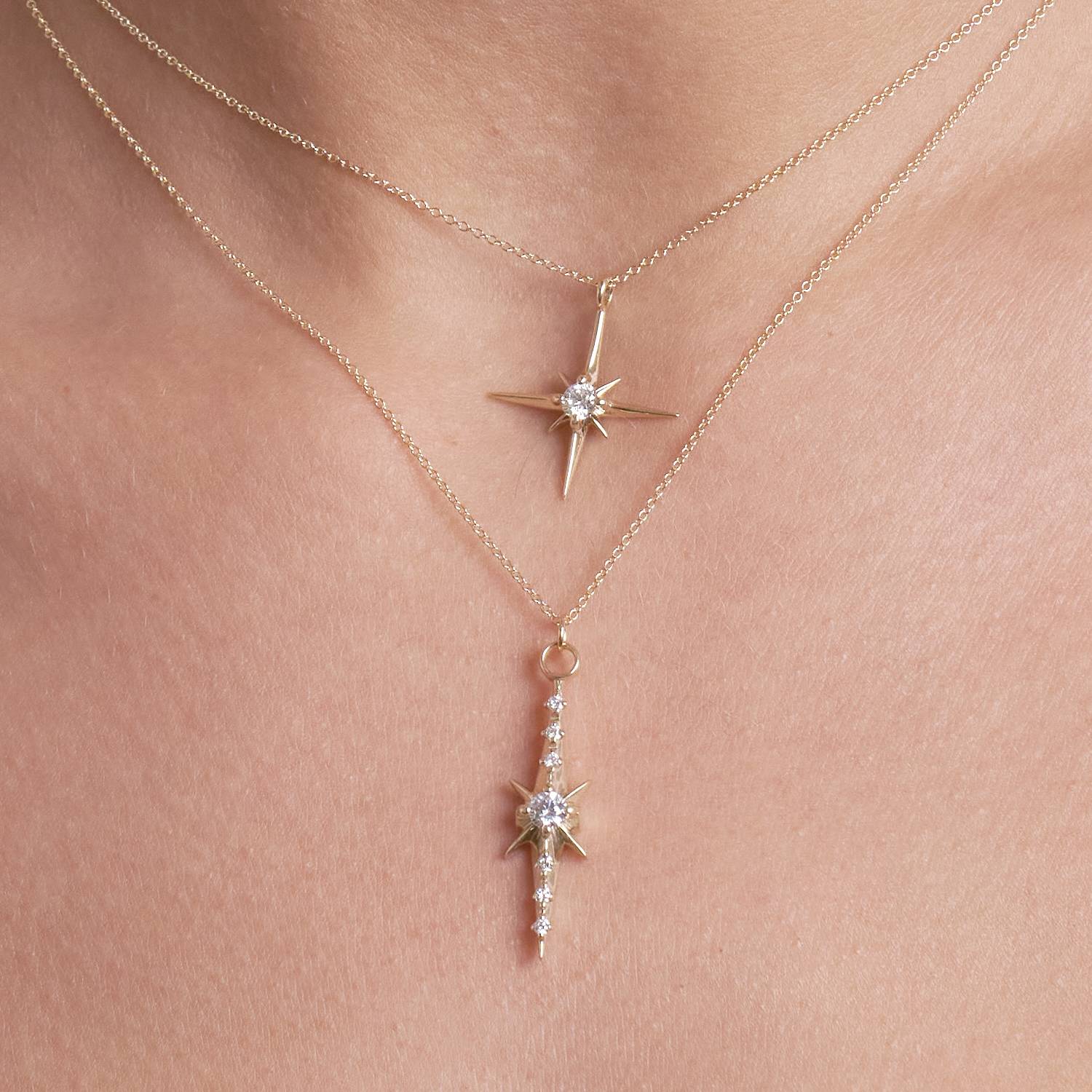 Engraved Northern Star Necklace with 0.3ct Diamond- 14k Solid Gold-4 product photo